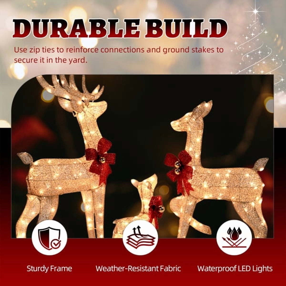 3-Piece Champagne Family Elk Christmas Decoration - 210 Built-In Light Strings, Easy Installation w/Ground Spikes, Indoor/Outdoor Holiday Decor