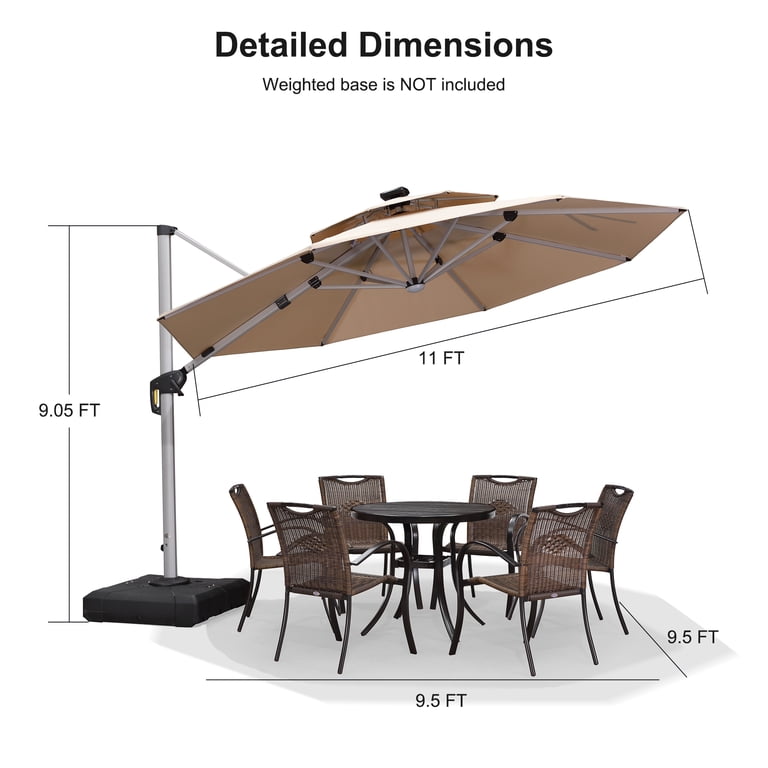 Purple Leaf 11ft Deluxe Round Solar Powered LED Patio Umbrella with Base, Large Offset Cantilever Umbrella with 360 Rotation, Beige Purple Leaf 11ft Deluxe Round Solar Powered LED Patio Umbrella with Base, Large Offset Cantilever Umbrella with 360 Rotation, Beige