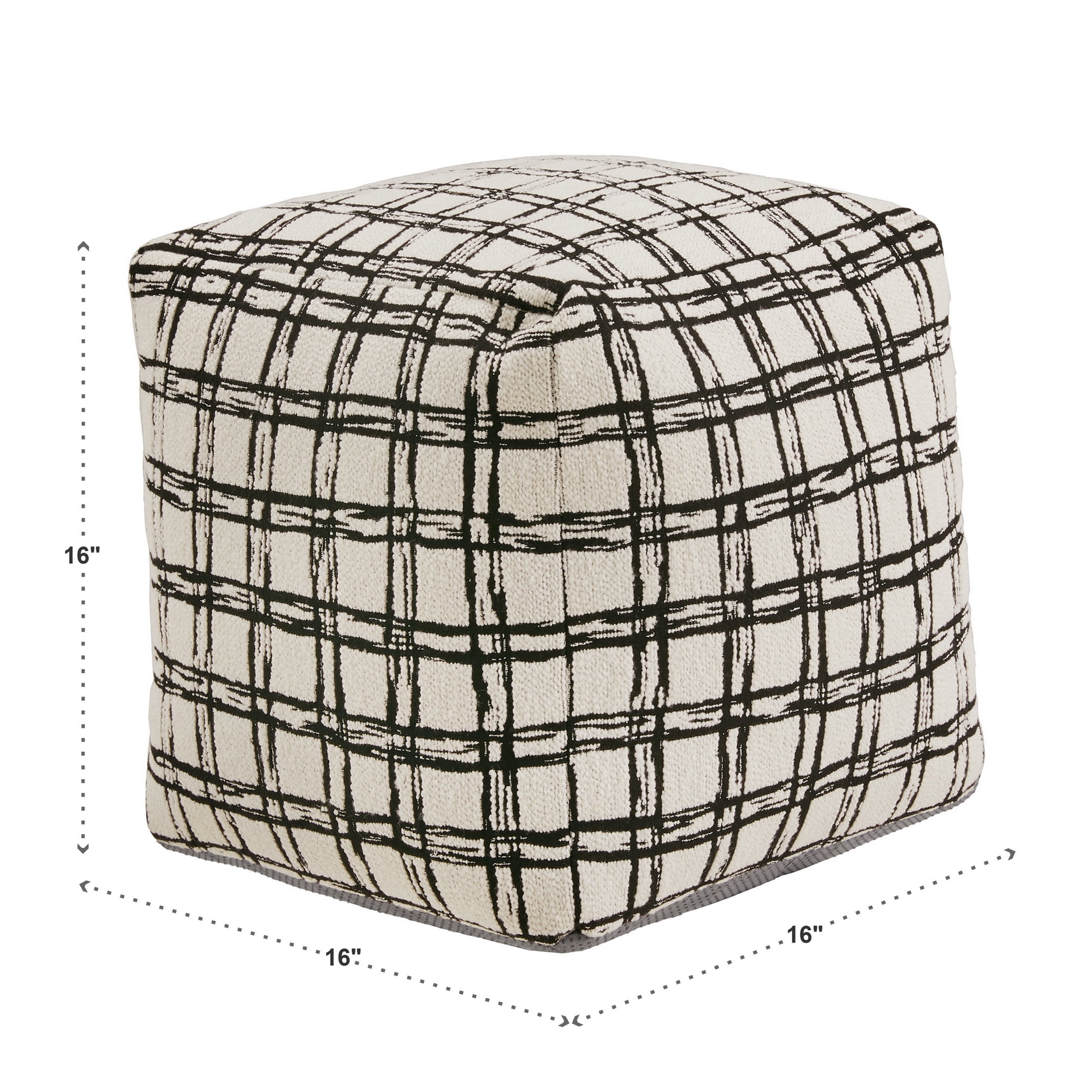 Weston Home Dinant Upholstered Square Pouf Ottoman, Ivory & Black Plaid Pattern Fabric