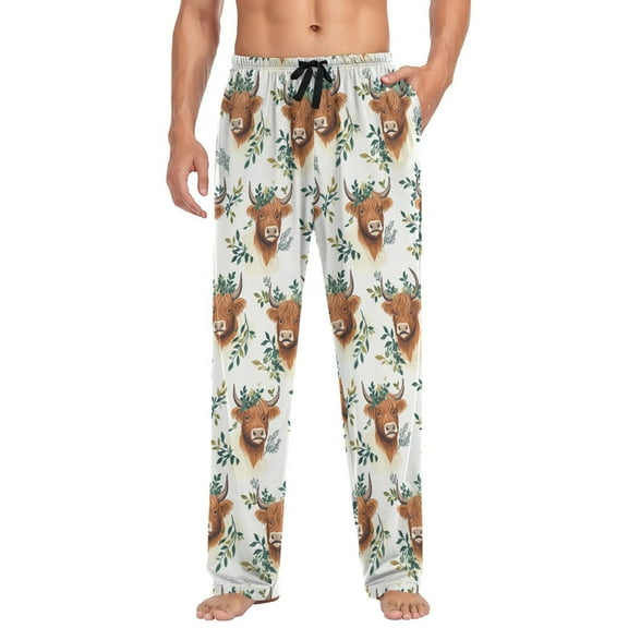 joogoo Men's Pajama Pants Highland Cattle Leaves-h1 Soft Long Sleep Lounge Pjs Bottoms L