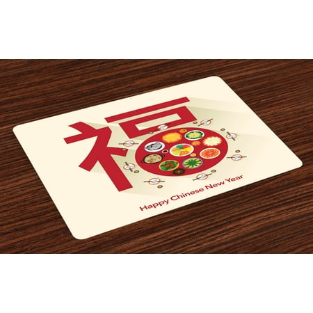 Chinese New Year Placemats Set of 4 Festive Lunar Dinner Table Full of Traditional Food for the Family Reunion, Washable Fabric Place Mats for Dining Room Kitchen Table Decor,Multicolor, by