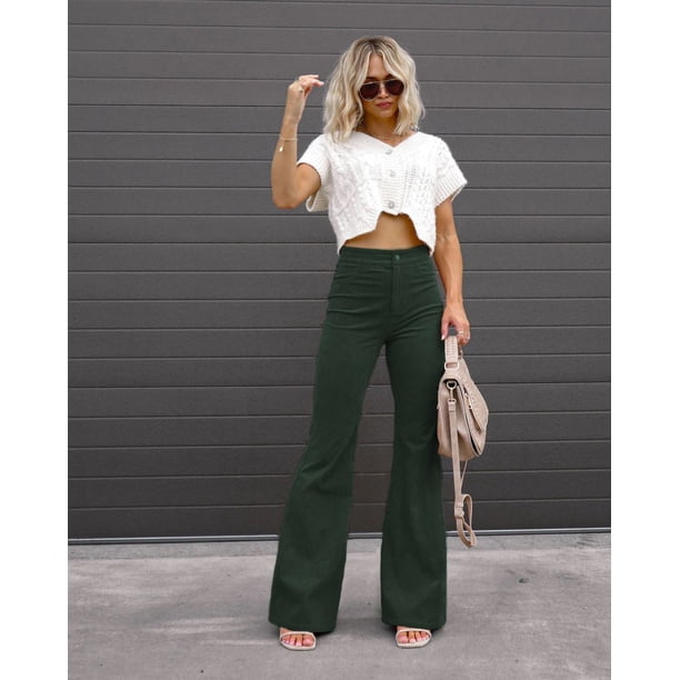 Pantalones casuales de pana de color sólido de primavera para mujer, pantalones micro elegantes de cintura alta, pantalones con botones