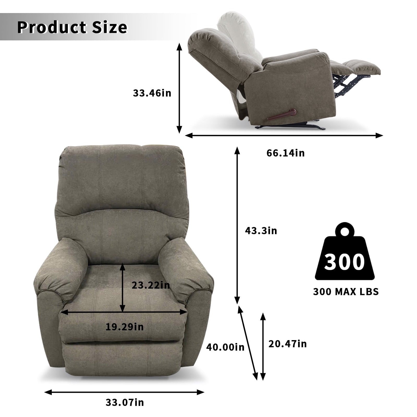 Ebello Manual Rocker Recliner Chair for Adults – Soft Fabric Reclining Sofa with Overstuffed Backrest, 300 lbs Weight Capacity,Grey