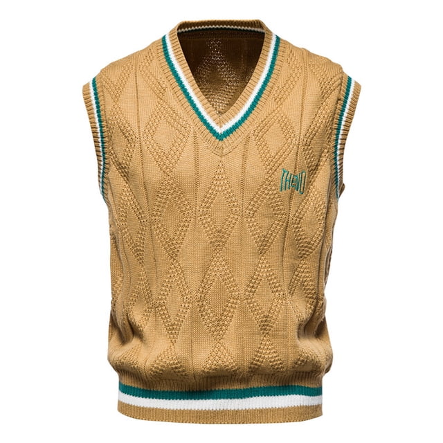 EGNMCR Pull Col Roulé pour Hommes, Pulls Décontractés Sans Manches à Motif Rhomboïde, Pull Col Rond Men Sweater