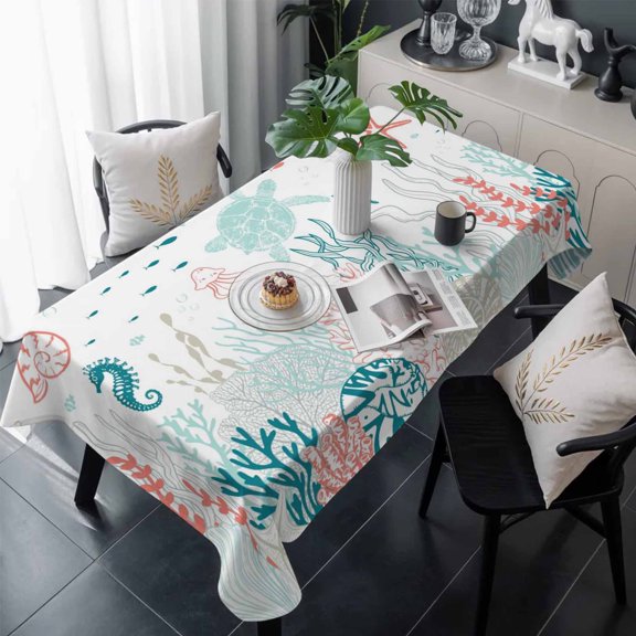 Coastal Turtle Table Cloth Waterproof Tablecloths, Teal Green Ocean Coral Starfish Jellyfish Tablecloth Dining Table Cover for Kitchen Party Tabletop Outdoor, Rectangle Tablecloth 54x108 Inch