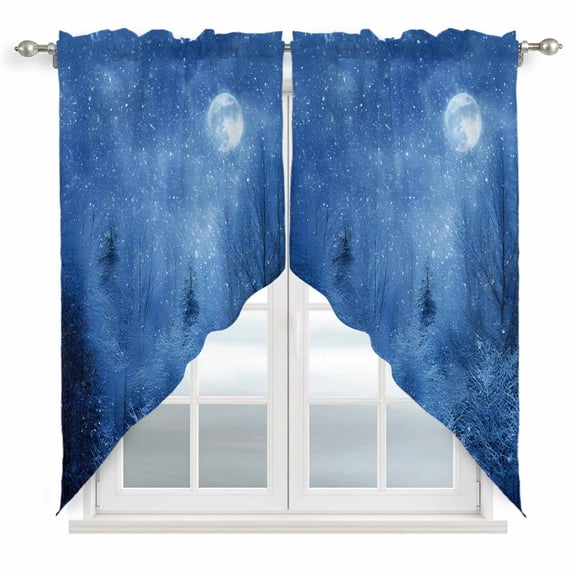 Blue Night Landscapes Swag Curtains for Kitchen/Bedroom/Living Room, Christmas Winter Snowfall Forest Scalloped Curtains 63 Inch Long, Window Swag Topper Curtains Valances 2 Panels Set 36"x63"