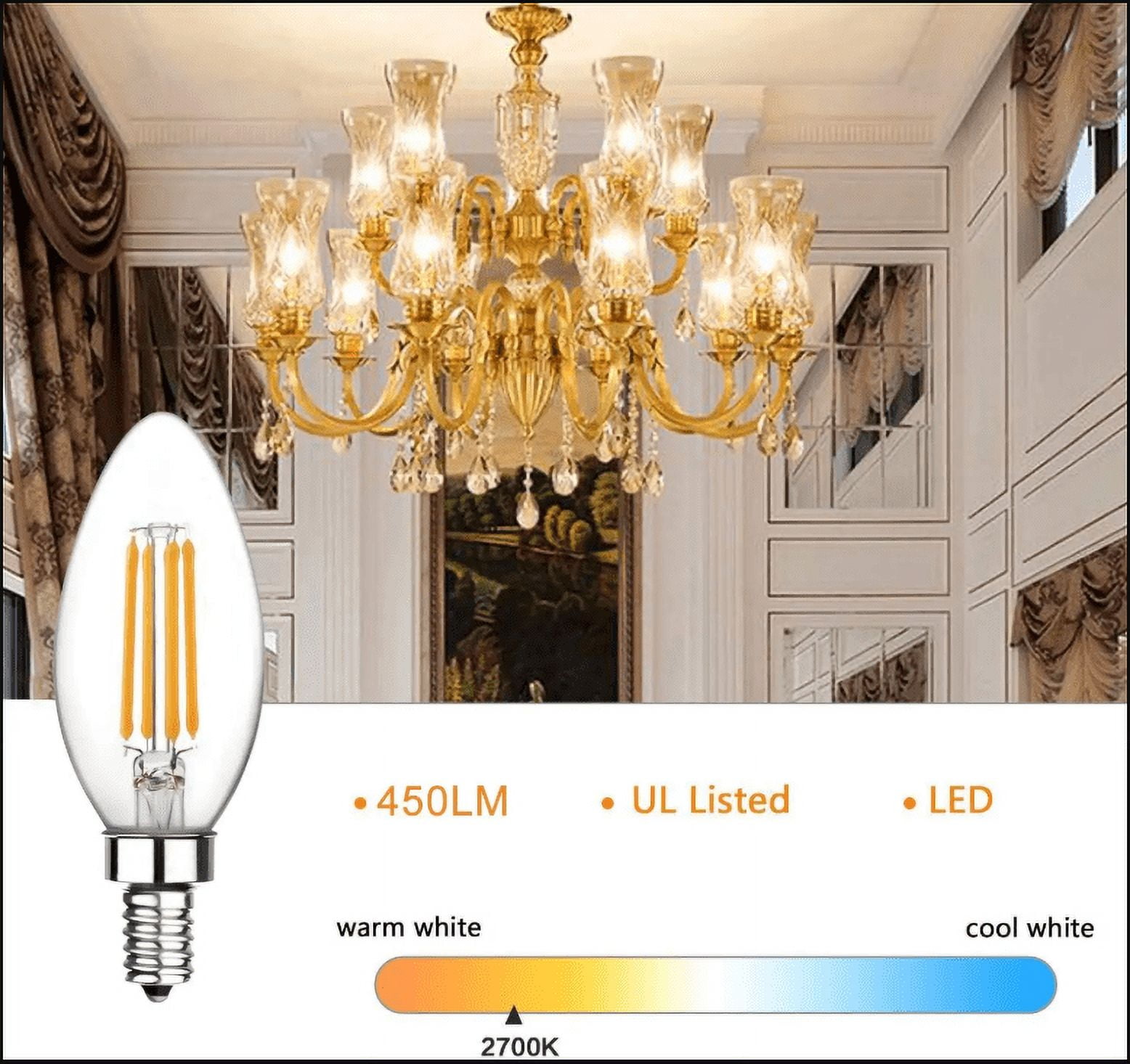 E12 LED Candelabra Light Bulbs, 6W Equivalent 60W, Dimmable Candle Bulb, 6000K Cold White, C35/B11 LED Filament Chandelier Light Bulbs Clear Glass, 10 Pack