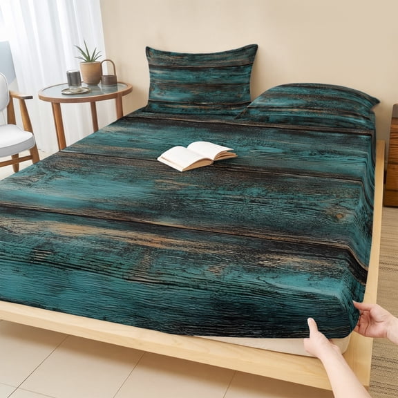 King Size Fitted Sheet Set - Teal Brown Plank Prints 3 Piece Bedding Sets 16" Deep Pocket Fitted Sheet with 2 Pillowcases, Farmhouse Vintage Wooden Grain Brushed Microfiber Hotel Luxury Bed Sheets