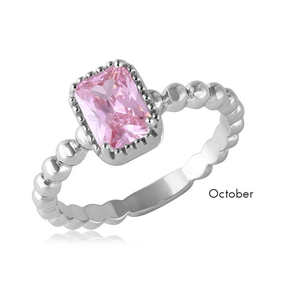 Rhodium Plated Sterling Silver 925 Simulated October Ring Band Pink CZ Jewelry Female Size 7