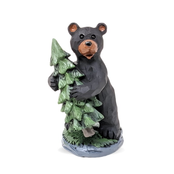 Resin Standing Bear with Pine Tree Figurine – Rustic Hand-Painted Woodland Ornament – Vintage-Inspired Christmas Décor for Cabin Home – Shelf, Desk, or Tabletop Accent –  Gift for Bear Lovers