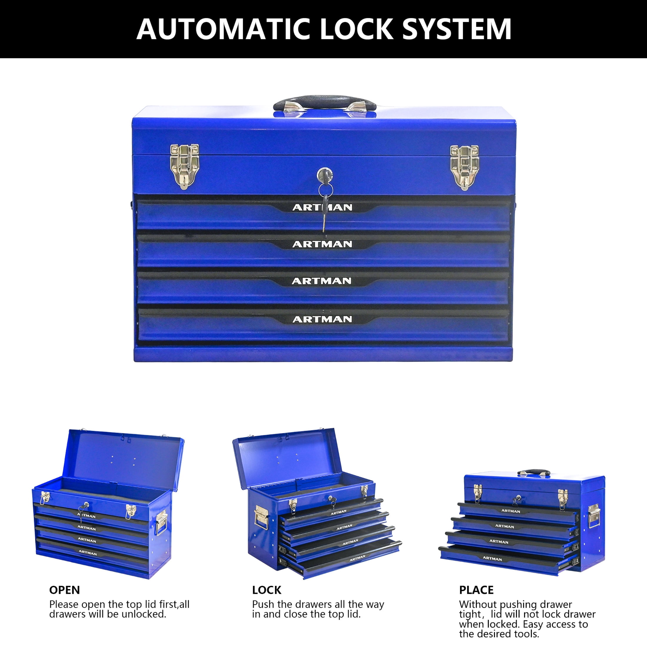Noble House 20" Steel Portable Tool Box with 3 Drawers & Lock Closure, Ball Bearing Slide Organizer Chest, Blue