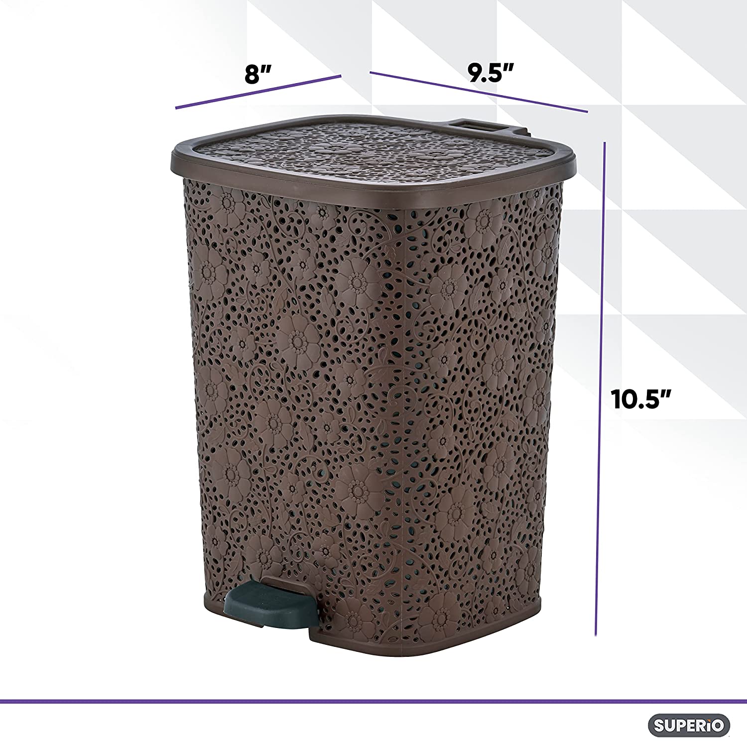 Compact Plastic Step-On Trash Can, 2 Pack Indoor and Outdoor Waste Bin with Foot Pedal, Brown Decorative Garbage Bin with Lace Design, 6 Qt Small Trash Can for Kitchen, Bathroom, Bedroom, Patio, Yard