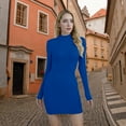 thumbnail image 6 of VICHVVY Women's Long Sleeve Dress Mock Neck Basic Ribbed Slim Fit Bodycon Mini Pencil Dresses Blue S, 6 of 7
