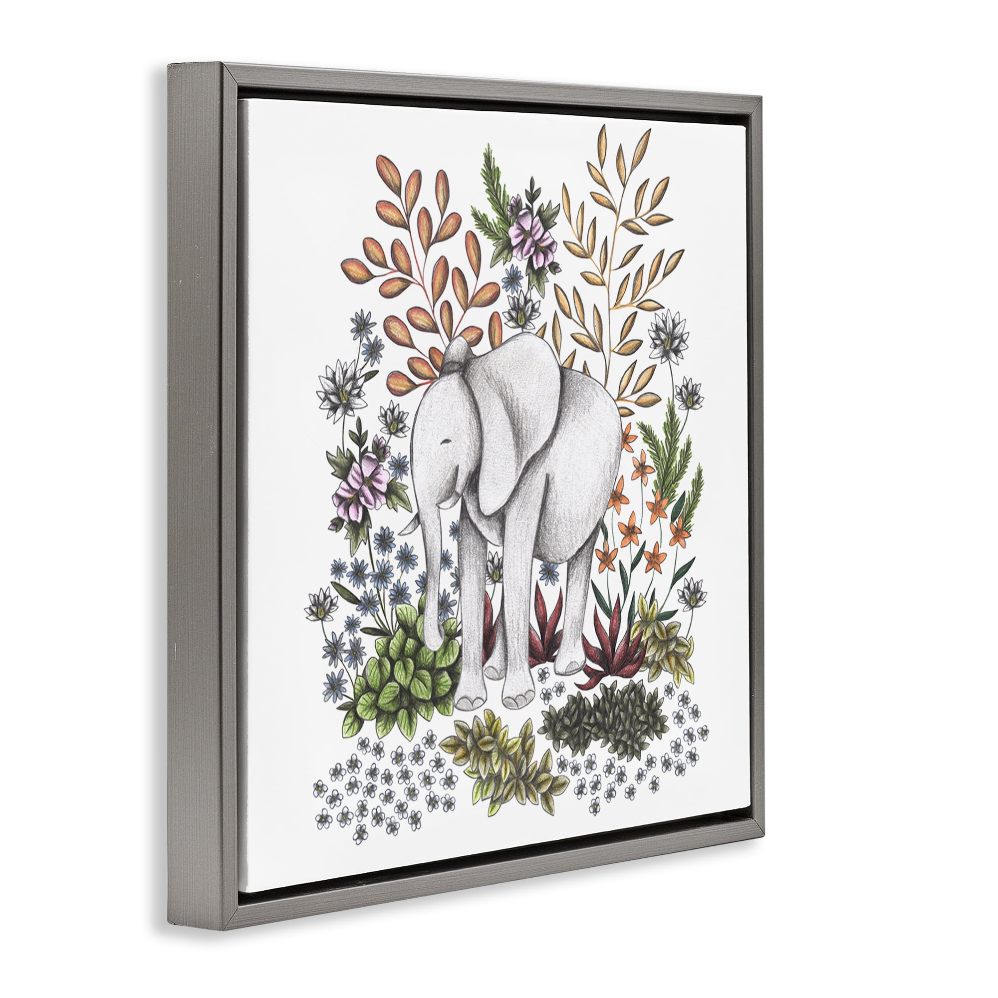 Jungle Wildlife Elephant Gray Framed Floater Canvas Wall Art, design by Cecilia Battaini