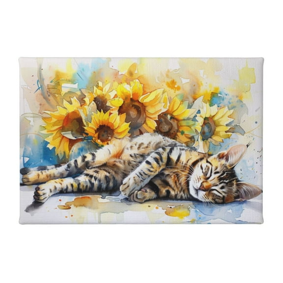 8x12 inch Garden Wall Art Yard Decor Sleeping Cat & Sunflowers Canvas Painting,Rustic Villa Garden,Bedroom Wall Decor Art Hanging Picture,Funny Sleeping Cat & Sunflowers Oil Painting Canvas