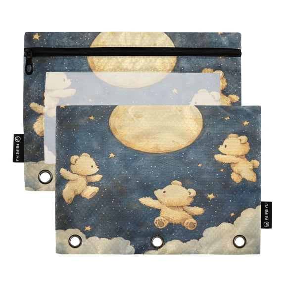 Wobogo Teddy Bear Star Pattern Pencil Pouch with 3 Ring Binder Holes Set of 2 for Learning Tools