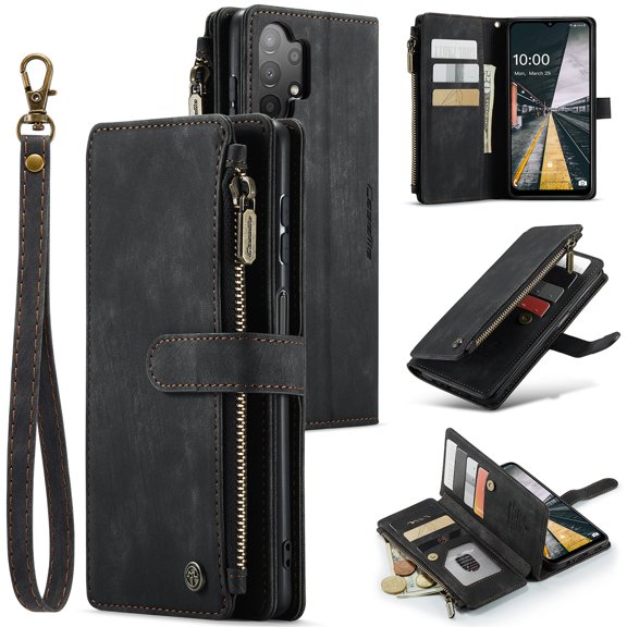 JTCASES for Samsung Galaxy A52 5G Wallet Case with Zipper Purse Card Holders Flip Stand Wrist Strap Magnetic Closure PU Leather Anti-scratch Support Wireless Charging Drop Resistant Shell, Black