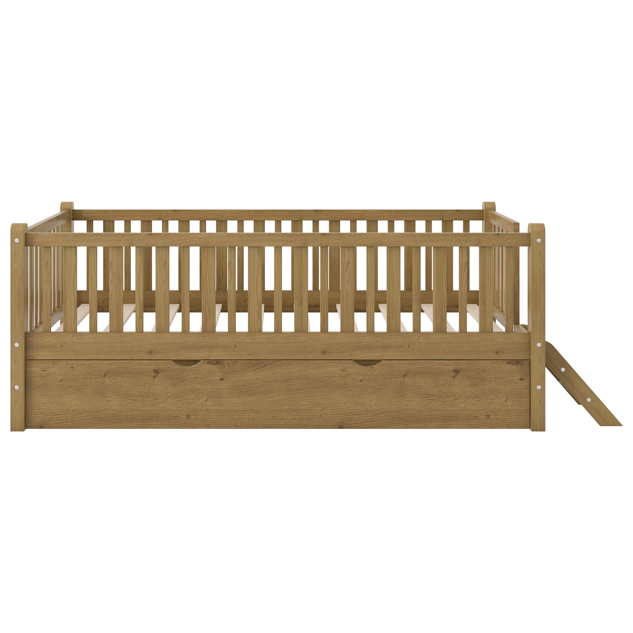 Noble House Elley Twin Platform Bed, Semi-Enclosed Fence Guardrail with Pull-Out Trundle, Solid Wood Frame, Walnut