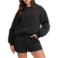 thumbnail image 1 of Ensembles de Shorts en Molleton Surdimensionnés pour Femmes, Col Rond, Manches Longues, Chandails à Enfiler, Shorts à Taille Élastique, Ensembles Assortis, Tenues 2 Pcs, Survêtements, Survêtement Uni pour Femmes, Noir, 1 of 9
