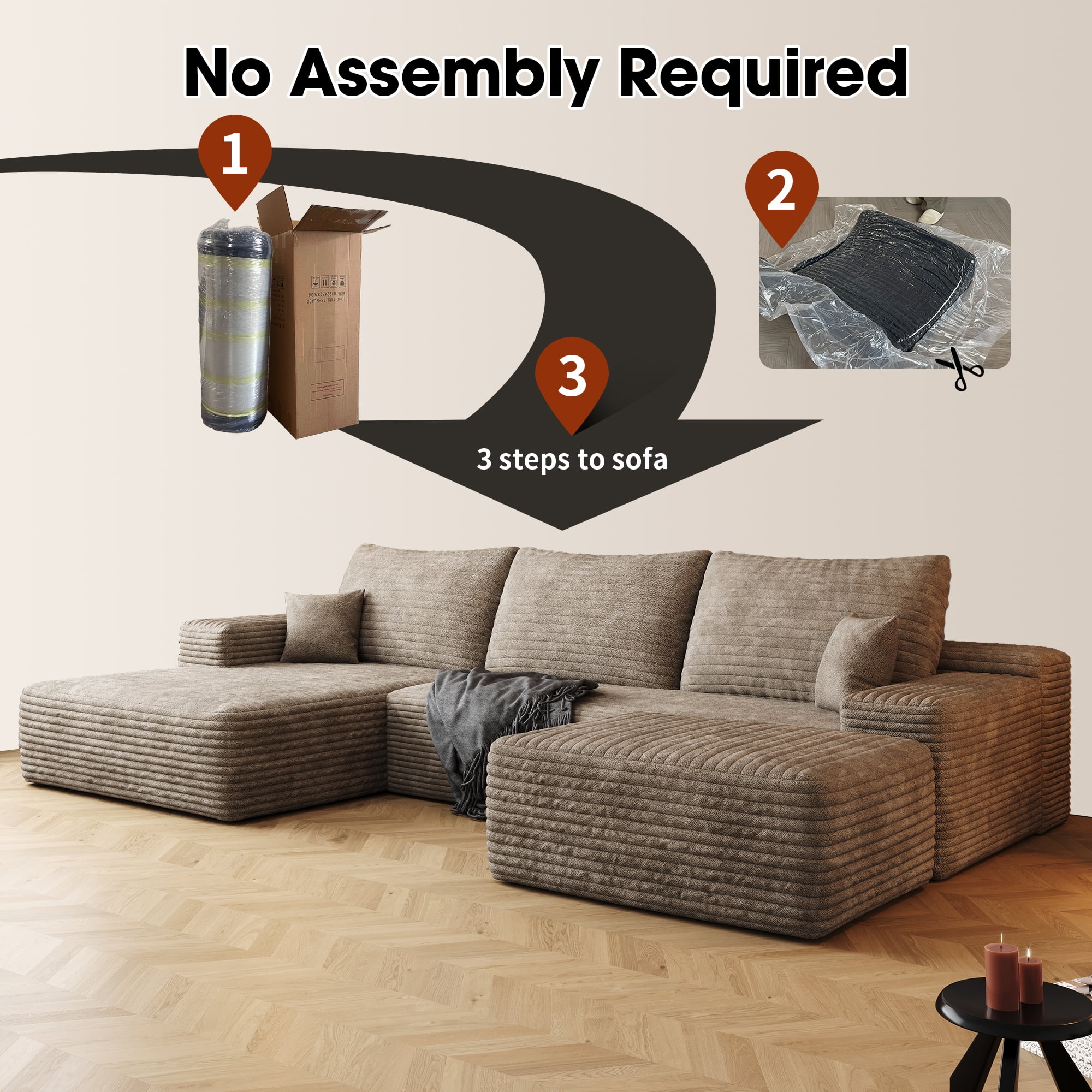 MAYEERTY 107" Cloud Sectional Couch Modern Modular Sofa for Living Room No Assembly Required, Camel