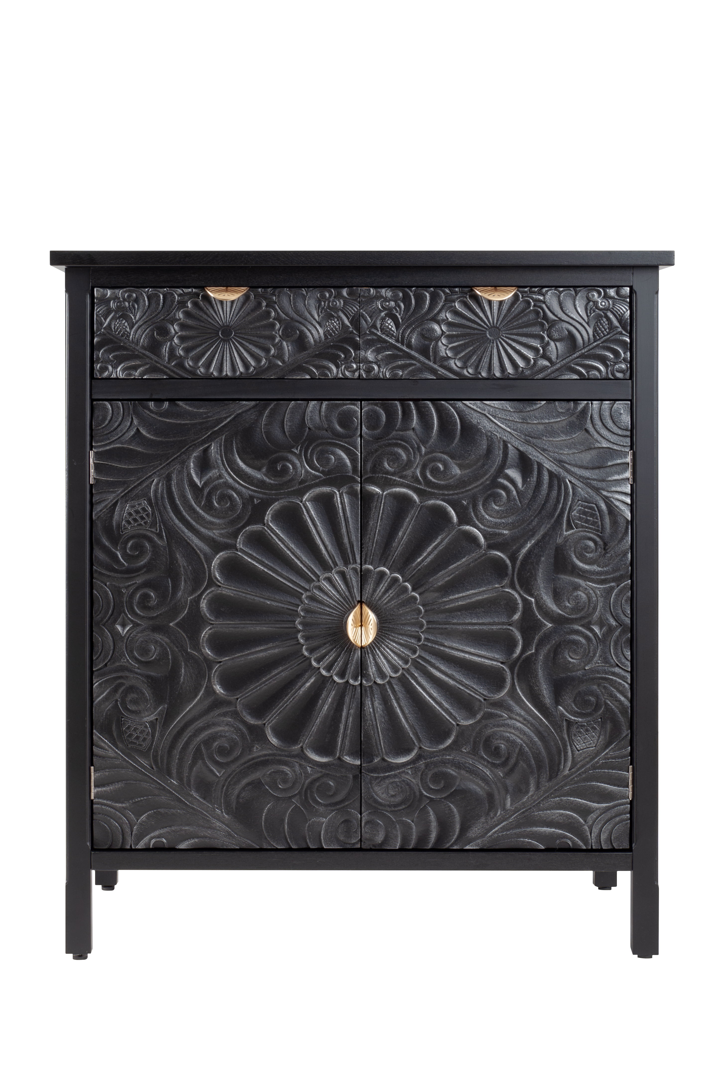 Hand-Carved Floral Embossed Black Wooden Accent Storage Cabinet with Drawer & Cabinet Doors, Gold Handles, Adjustable Shelf Anti-Tip Design, Sideboard for Entryway Living Room