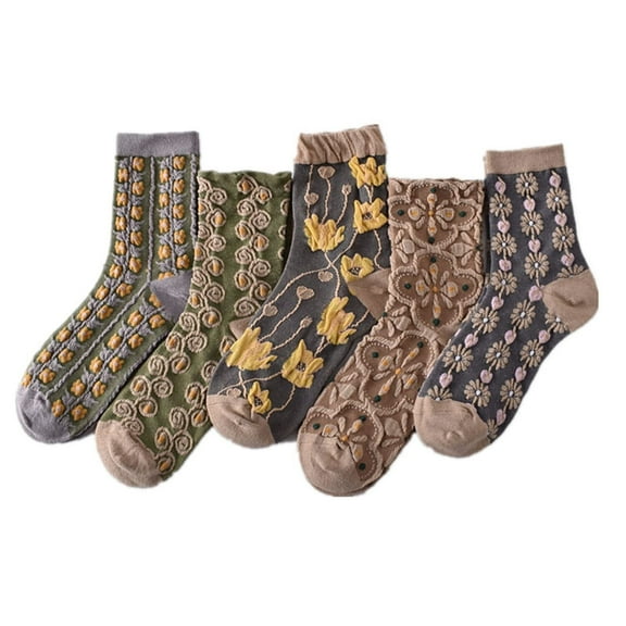 5 Pairs Floral Socks Women Nordic Stripe Textured Flower Cotton Socks, Girls Vintage Cute Flower Sweet Socks