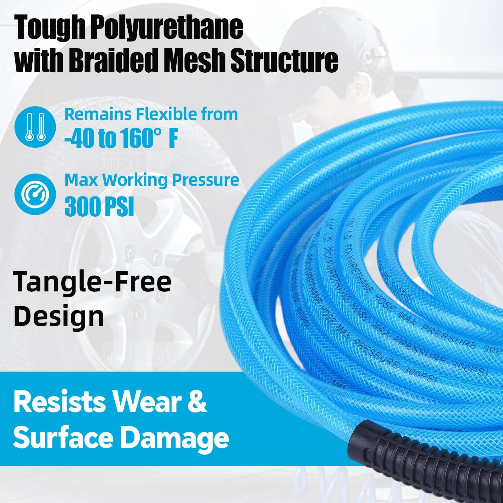 25FT 1/4 Inch Air Hose Reinforced Polyurethane Air Compressor Hose - Flexible Heavy Duty Braided Pneumatic Hose with Quick Connect Fittings 300 PSI for Garage Shop Automotive Use