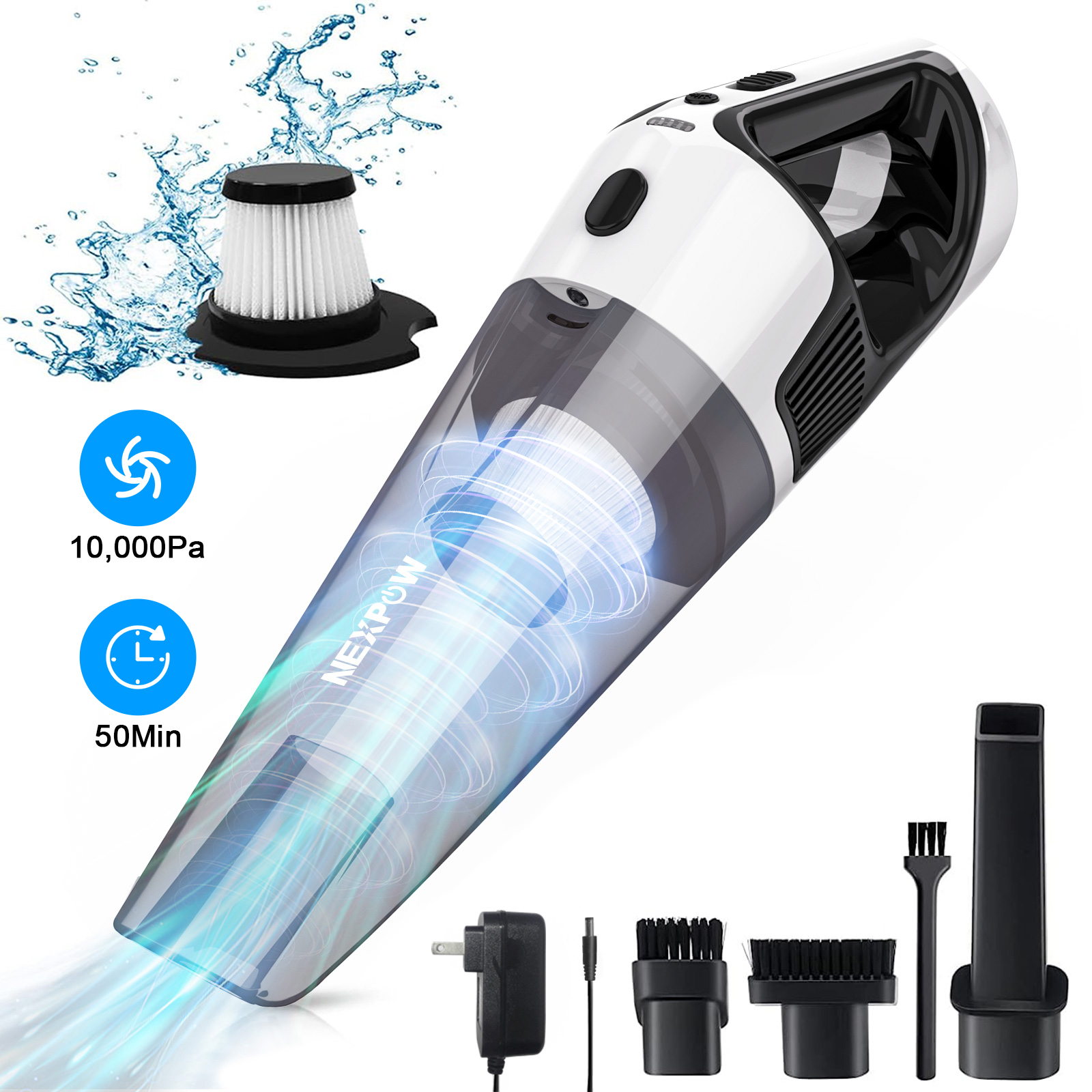 NEXPOW Cordless Handheld Vacuum, 10000Pa Wet Dry Car Vacuum Cleaner, 50Min Runtime 7800mAh, LED Light & Charger, 1.9lb Lightweight for Home Car Pet Hair