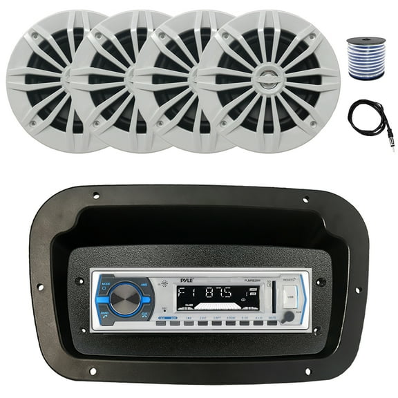 Pyle PLMRB29W Single DIN Bluetooth Marine MP3 Stereo Receiver, Spa bezel, Adapter Plate, 22" Radio Antenna, Wire, 4x 6.5" 180 Watt Max Power 2-Way Water Resistant Audio Speakers (White)