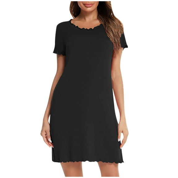 Wdfiry Nightgown for Women Solid Color Loose Round Neck Ruffled Trim Pajama Dress Casual Short Sleeve Sleepwear Nightshirt