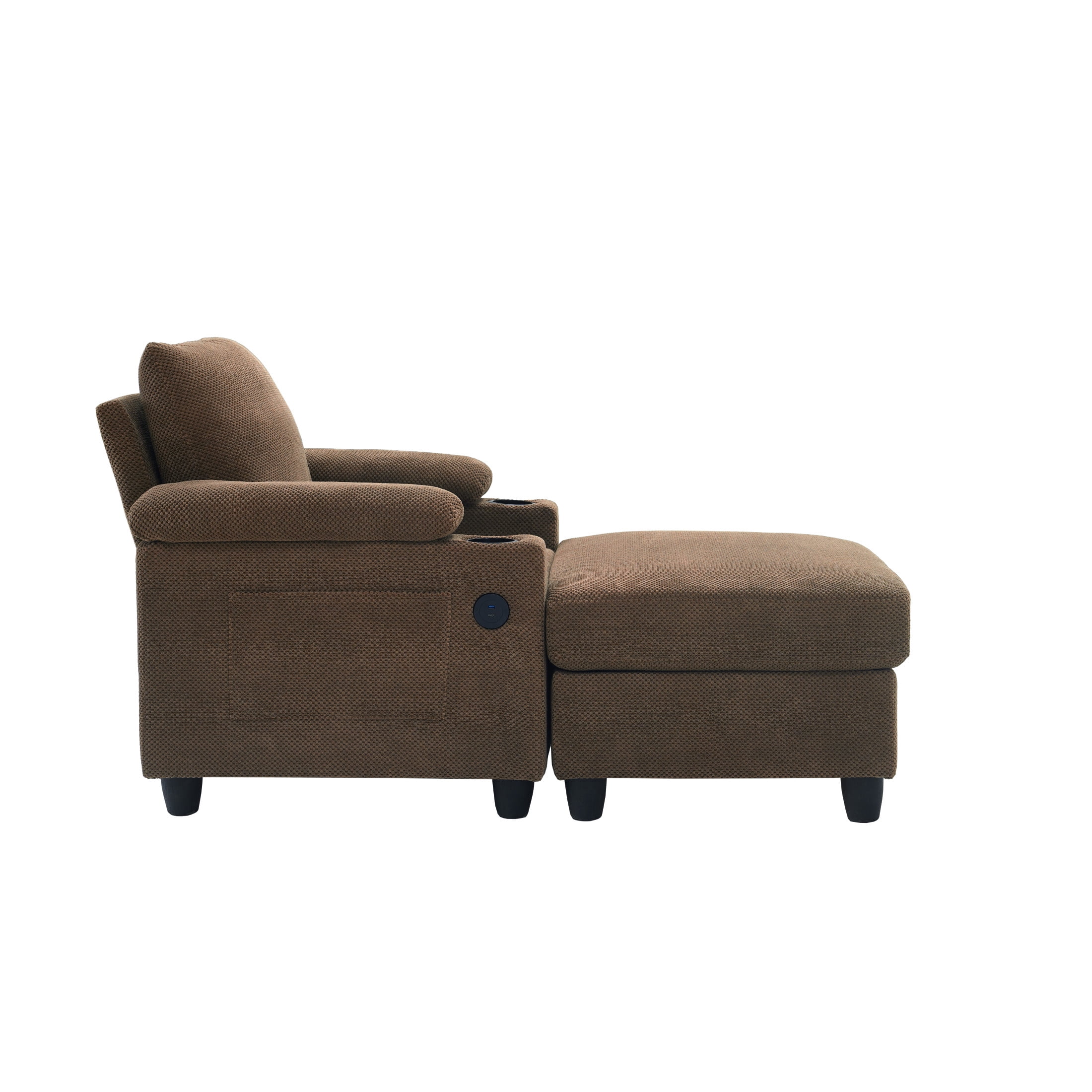 GDF Studio Abriel Accent Chair with Storage Ottoman, USB Ports & Cup Holders, Versatile Chaise Lounge, Coffee