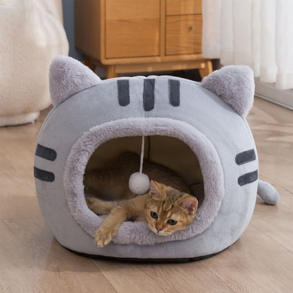 FastXmas Cat Bed, Cat Head Shaped Bed, Kennel Kitten Bed Hideout House Warm Soft Comfortable Semi-Closed Cat Dog Nest Machine Washable Pet Bed Gray