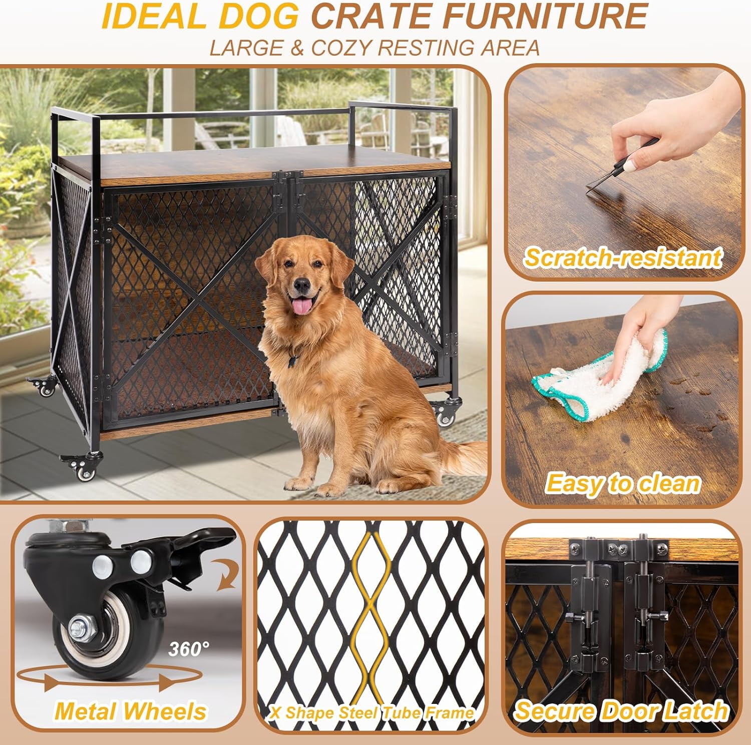 PETSCOSSET Dog Crate Furniture with Cushion, Double Door Wooden Dog Kennel Indoor with Wheels, 31.2"L x 20.5"W x 28.9"H