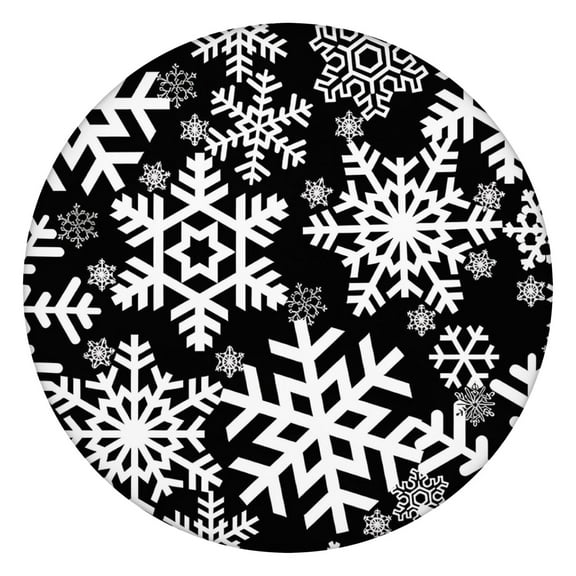 Black Christmas Snowflake Pattern Round Fitted Tablecloth with Elastic Edge,Dining Table Cover Waterproof,Outdoor Round Tablecloth for Camping,Dining,Indoor and Outdoor