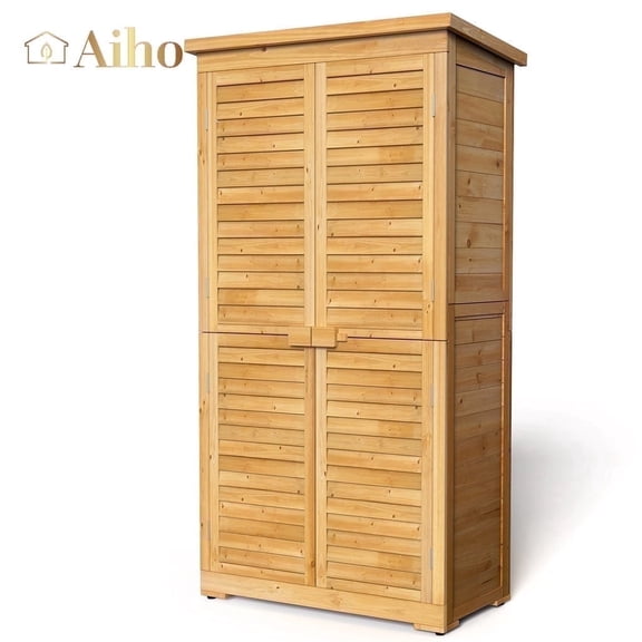 63.2" Outdoor Storage Cabinet with Adjustable Shelves, Aiho Wooden Outdoor Storage Shed with Lockable Double Doors for Backyard, Garden & Patio - Natural