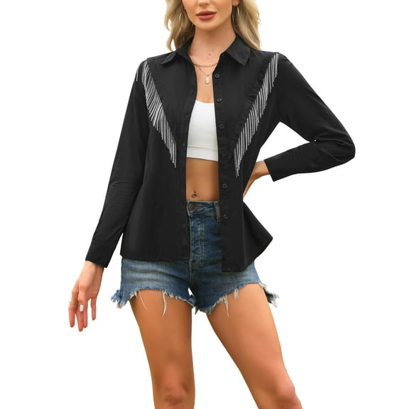 INSPIRE CHIC Fringe Button Down Shirt for Women's Long Sleeve Sparkle Tassel Western Cowgirl Blouse XS Black