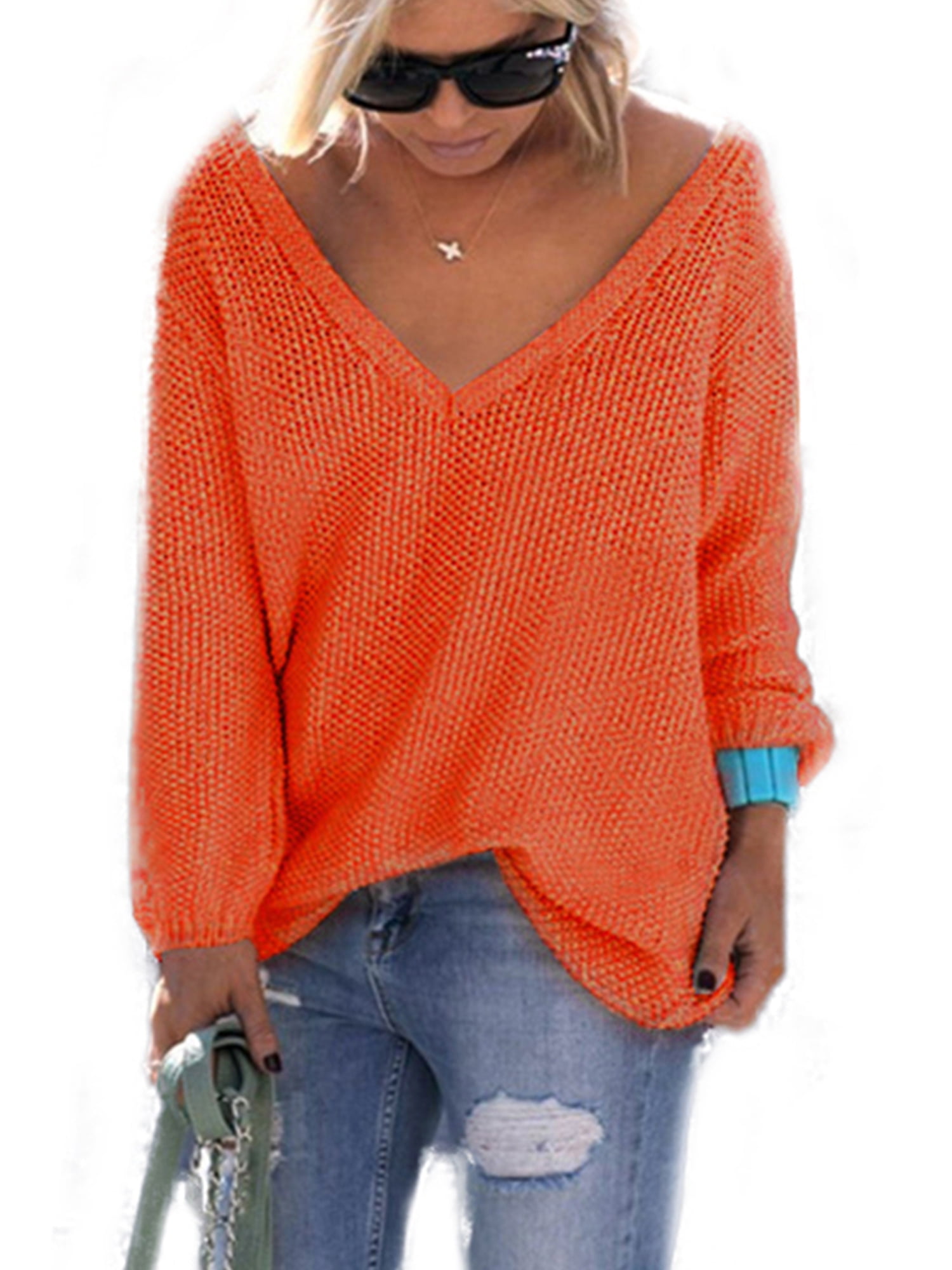 Wodstyle - Women's V Neck Long Sleeve Knitted Sweater Loose Pullover Jumper Tops Knitwear 