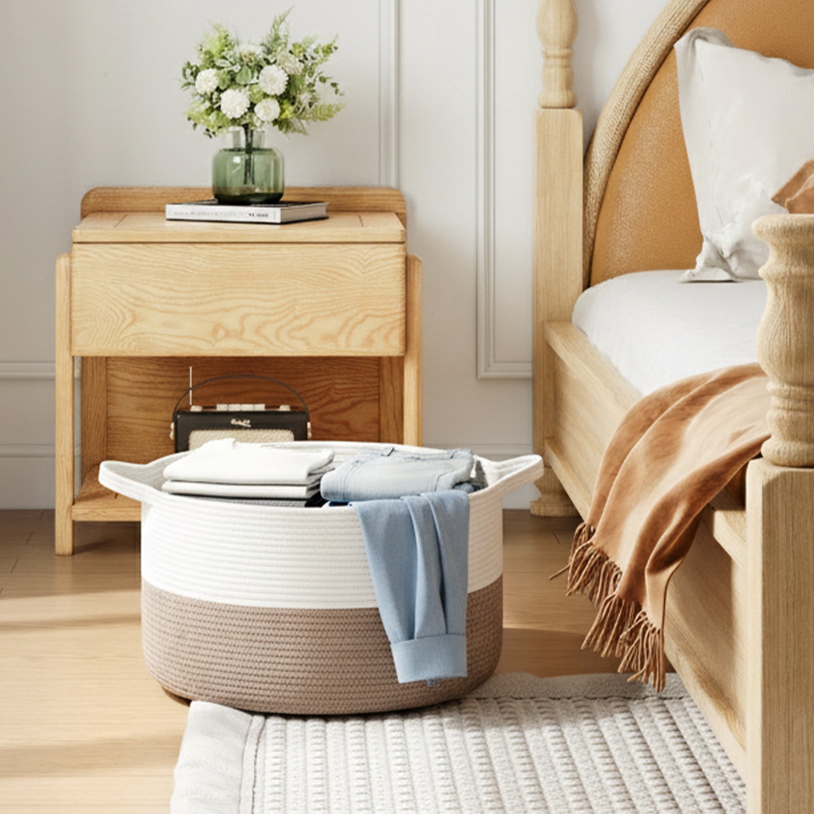 PinkSheep Laundry Basket, 80L Collapsible Woven Cotton Rope Laundry Hamper Storage Baskets with Handles, Brown White