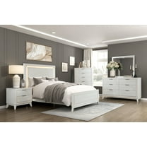 6pc Antique White Modern Bedroom Set Queen Bed Nightstands Dresser Mirror Chest LED Light Headboard