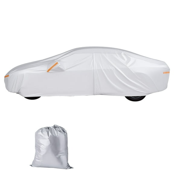 KFFKFF Waterproof Car Cover for Mid-Size Sedans, All-Weather Protection Against Sun, Rain, Wind, Frost, Dust, and Snow, Custom Fit with Door Zipper and Soft Cotton Lining, Silver
