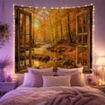 thumbnail image 2 of Autumn Forest Stream Through Open Wooden Windows, Serene Rustic Style for Nature Lovers, Landscape Wall Decor Housewarming Gift, Tapestry Wall Hanging for Bedroom and Living Room, 2 of 7