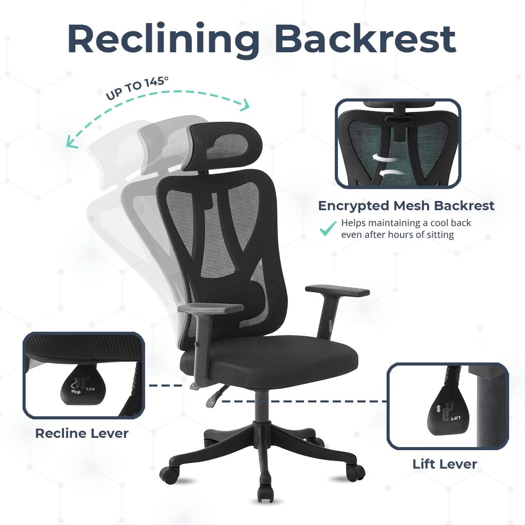 MotionGrey Stylish Ergonomic High Mesh Office Chair with Adjustable Head, Armrest & Lumbar Support - Advanced