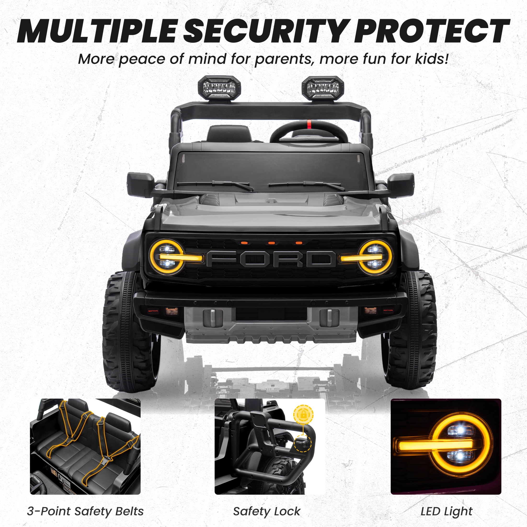 iYofe 24V 2 Seater Ford Bronco Raptor Powered Ride on Car with Remote Control, 4 Wheels Suspension, Ages 3-8, Black