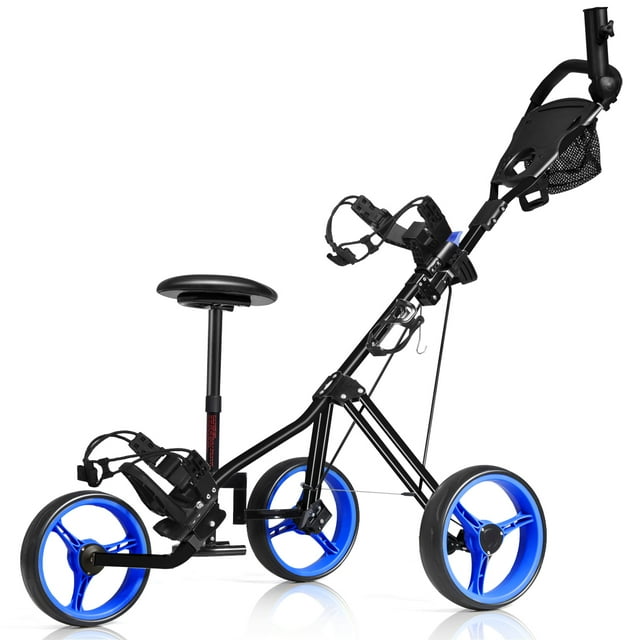 Patiojoy 3-Wheel Foldable Push Pull Club Trolley Golf Cart With Seat Scoreboard Bag Blue