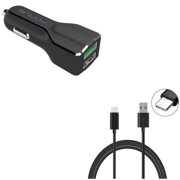 2-Port USB 30W Car Charger w Charger Cord Type-C 10ft USB Cable E1X for Acer Liquid Jade Primo - Alcatel PulseMix, 7, Idol 5S 5 4S - ASUS Zenfone V Live, ROG Phone, AR 6 5z 4 Pro