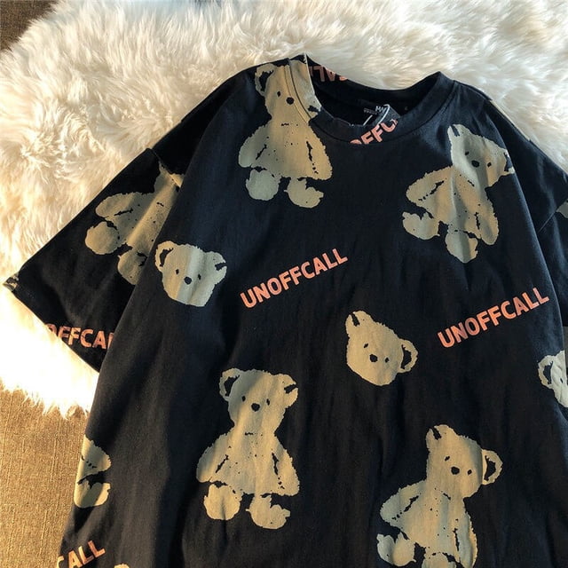 Verano nuevo estilo marea nacional estampado completo oso de dibujos animados Kawaii camiseta de manga corta mujer Retro suelta Harajuku Casual de gran tamaño Tan Jianjun unisex