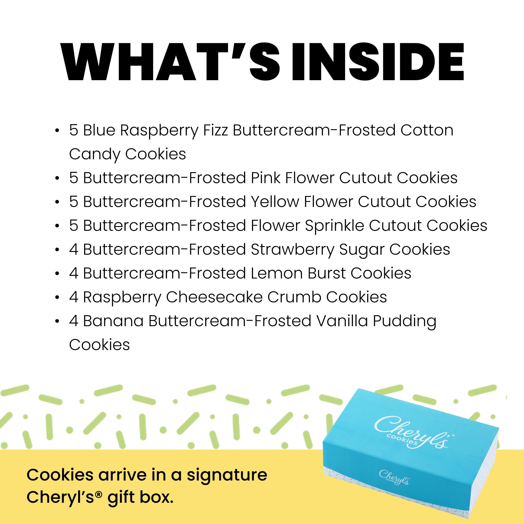 Cheryl's Cookies Fruit-Flavored Variety Spring 36 Cookie Gift Box Pastel Buttercream-Frosted Cutout Flowers, Individually Wrapped