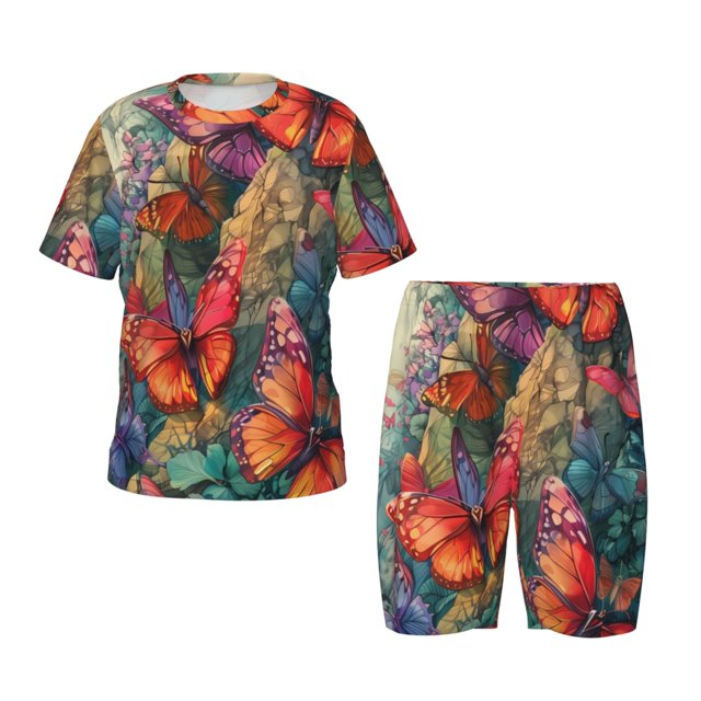 Fotbe Butterflies On Rocky Cliff Pijama Estampada de 2 Piezas para Niños – Ropa de Dormir de Manga Corta Cómoda para Niños y Niñas, Camiseta y Shorts de Algodón-4X-Large