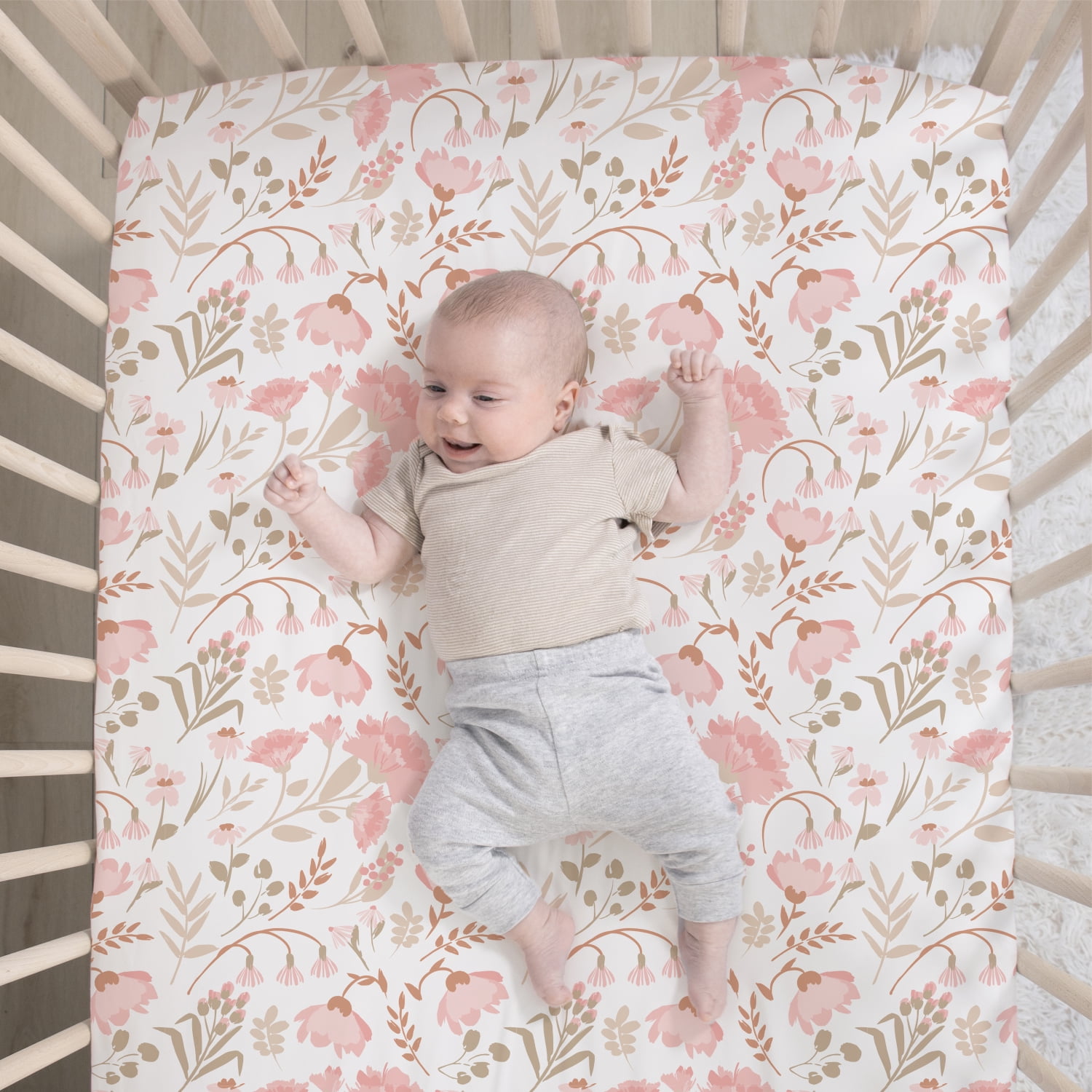 The Peanutshell Whimsical Floral Crib Bedding Set for Baby Girls, Machine-Washable, Pink, 3-Piece