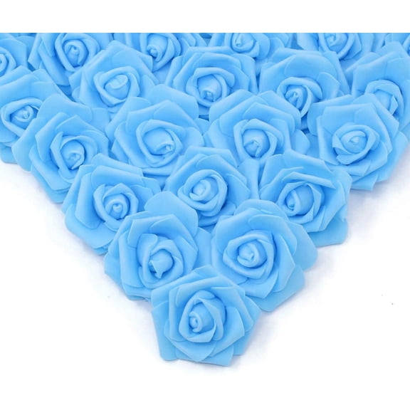 Artificial Rose Flower Heads, Real Looking Sky Blue Foam Fake Roses for DIY Wedding Baby Shower Centerpieces Arrangements Party Tables Home Decorations (Sky Blue, Stemless)